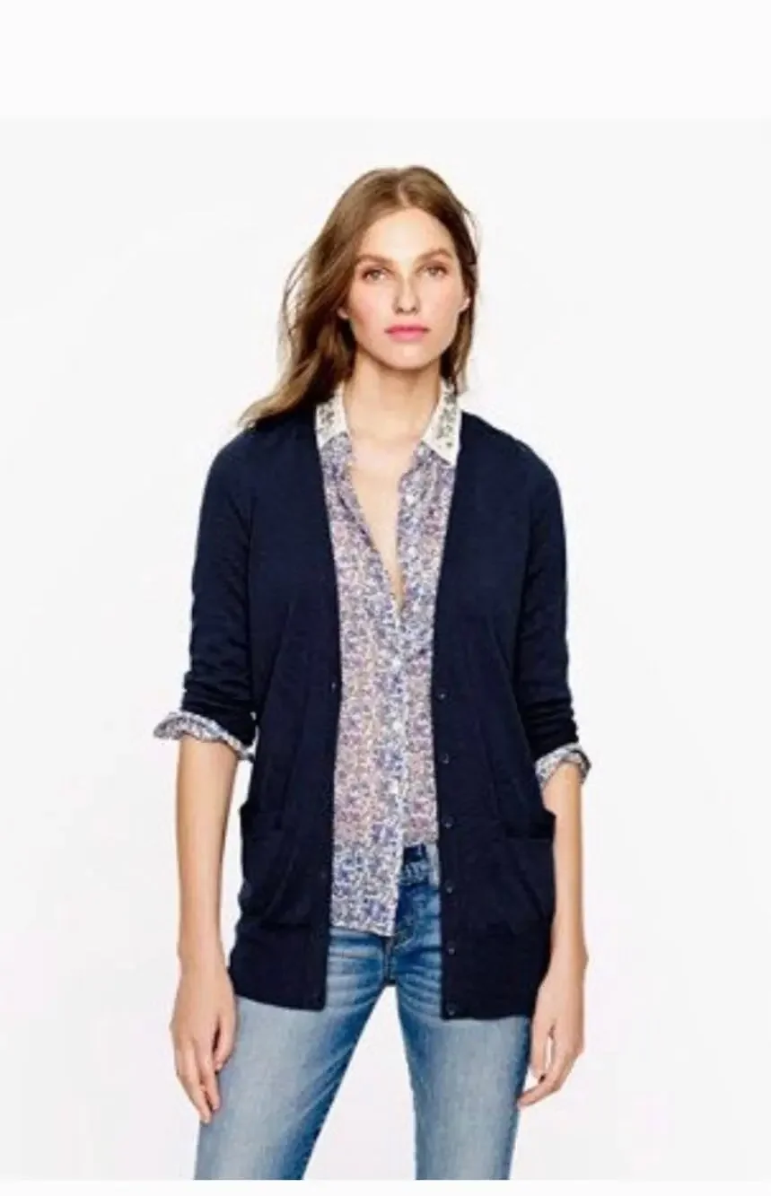 J. Crew Classic Merino Wool Long Lightweight Cardigan Sweater Navy Size S NWT